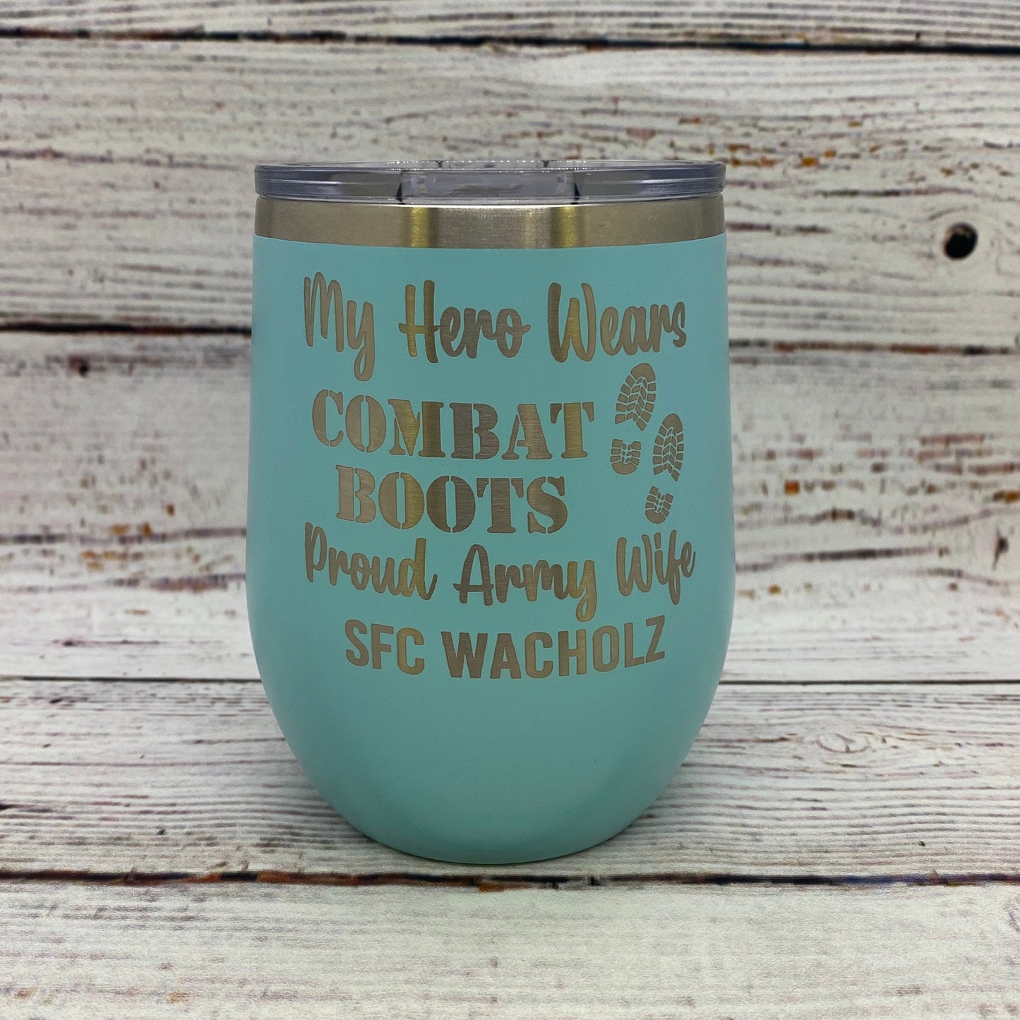 Personalized My Hero Wears Combat Boots Army Wife 12 oz. Stainless Steel Stemless Wine Glass