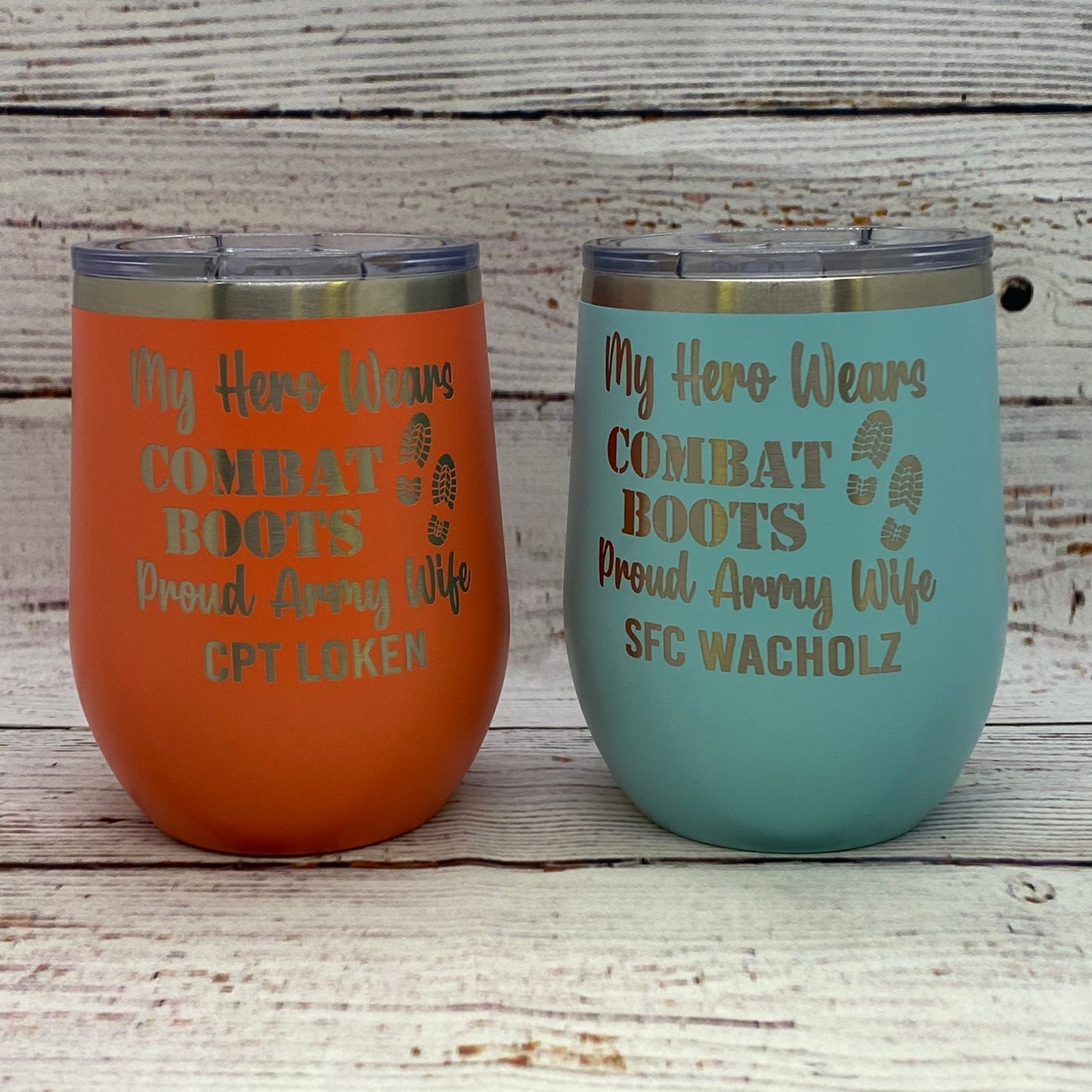 Personalized My Hero Wears Combat Boots Army Wife 12 oz. Stainless Steel Stemless Wine Glass