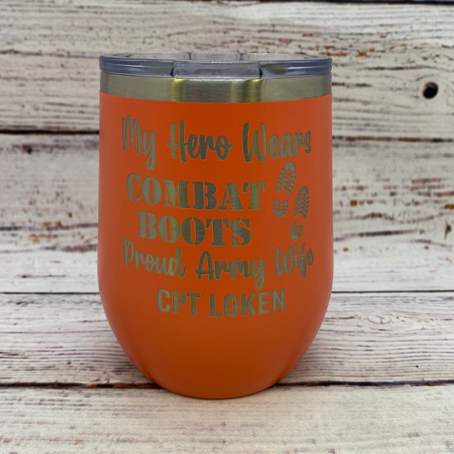 Personalized My Hero Wears Combat Boots Army Wife 12 oz. Stainless Steel Stemless Wine Glass
